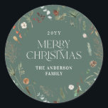 Christmas watercolor botanical floral sage green classic round sticker<br><div class="desc">Christmas foliage watercolor botanical floral dark moody modern sage green holiday gift wrap sticker favour design.</div>