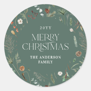 Christmas watercolor botanical floral sage green classic round sticker