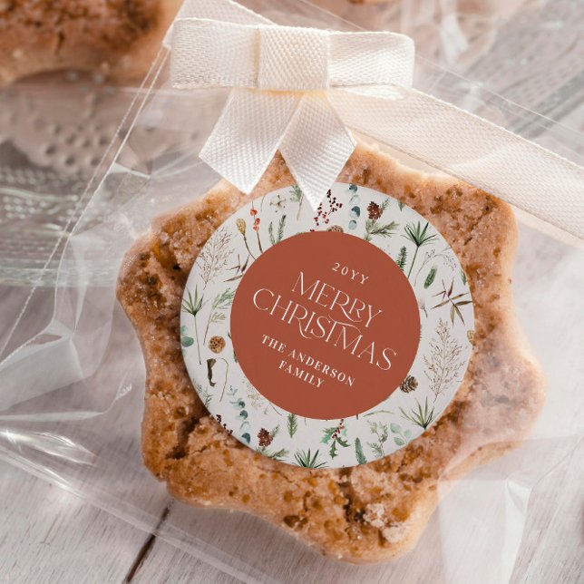 Christmas watercolor botanical floral terracotta classic round sticker (Creator Uploaded)