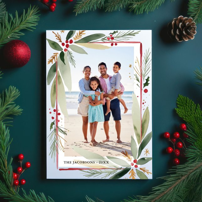 Christmas Watercolor Botanicals Photo Collage  Holiday Card (Creator Uploaded)