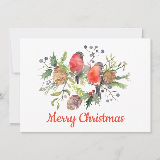 Christmas Watercolor Bullfinch Floral Personalised Holiday Card (Front)
