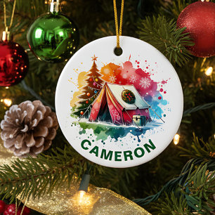 Christmas Watercolor Camping Custom Name Ceramic Tree Decoration