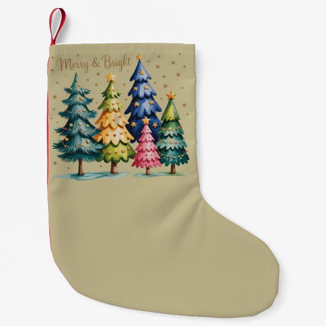 Christmas Watercolor Christmas Trees Pink Tree  Small Christmas Stocking (Front)