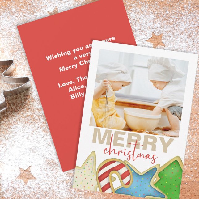 Christmas Watercolor Cute Cookies 1 Photo Holiday (Merry Christmas holiday photo card with whimsical cookie artwork.)
