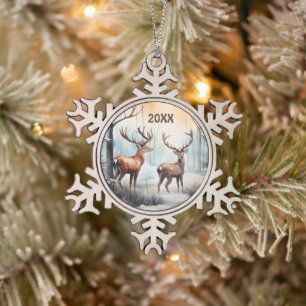Christmas watercolor deer add Year Snowflake Pewter Christmas Ornament