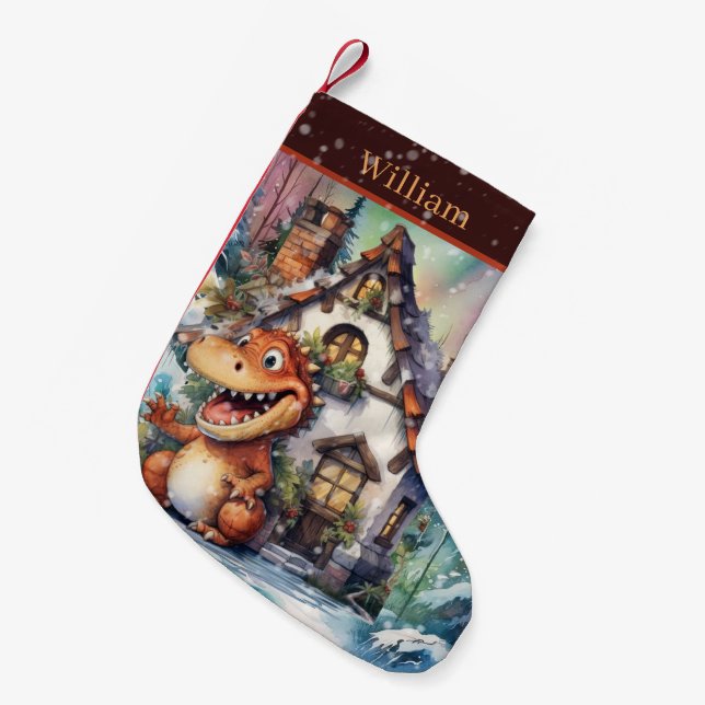 Christmas watercolor dinosaur add name small christmas stocking (Front (Hanging))