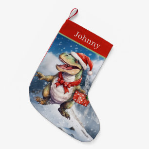 Christmas watercolor dinosaur add name small christmas stocking