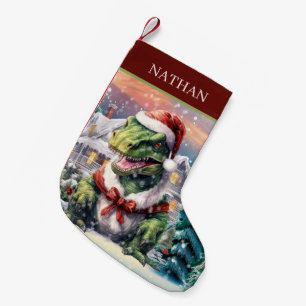 Christmas watercolor dinosaur add name  small christmas stocking
