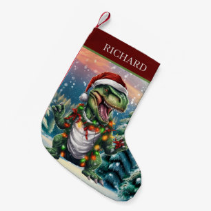 Christmas watercolor dinosaur add name  small christmas stocking