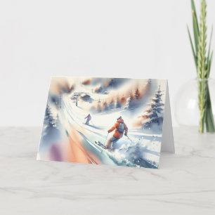 Christmas Watercolor Downhill Skiers Card