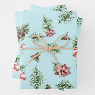 Christmas Watercolor Fir Branches, Candy Cane Blue Wrapping Paper Sheet