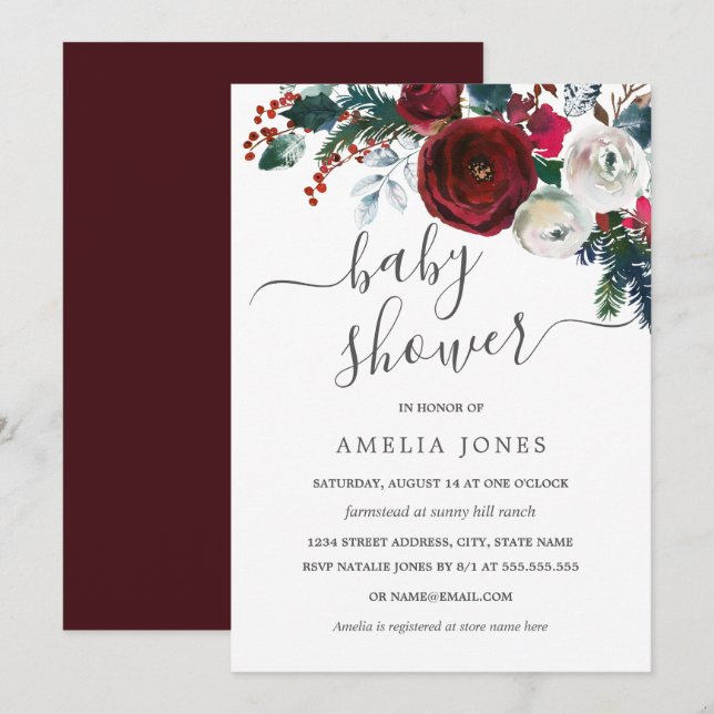 Christmas Watercolor Floral Baby Shower Invitation (Front/Back)