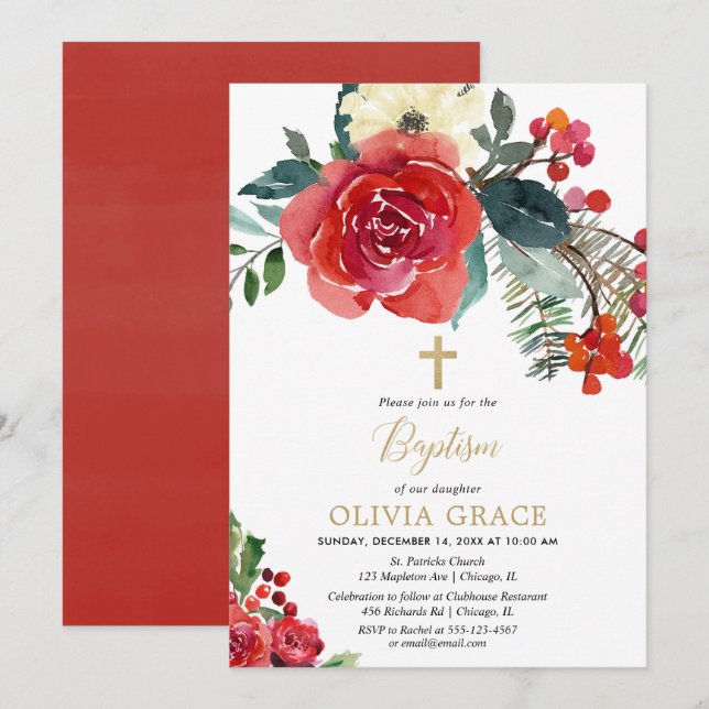 Christmas watercolor floral elegant baptism invitation (Front/Back)
