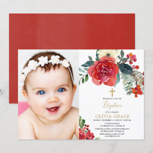 Christmas watercolor floral elegant photo baptism invitation