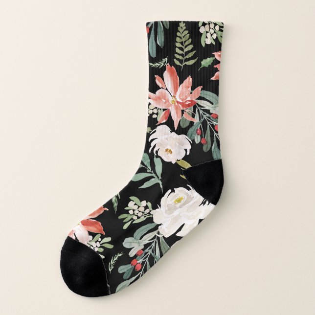Christmas Watercolor Floral Festive Holiday Socks (Left Outside)