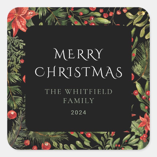 Christmas Watercolor Floral Greenery Family Square Sticker (Front)