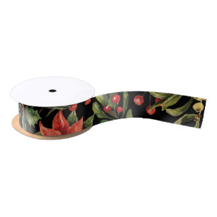 Christmas Watercolor Floral Greenery Satin Ribbon