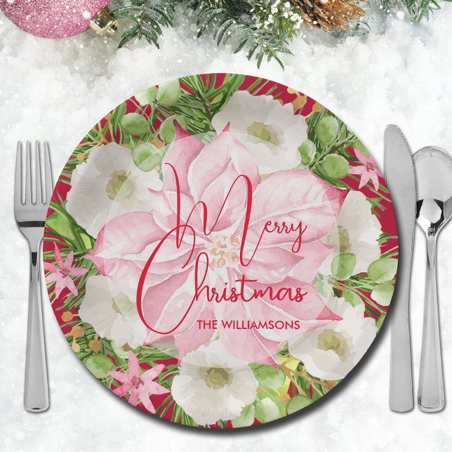 Christmas Watercolor Floral  Paper Plate (Pink poinsettia and winter flowers Merry Christmas paper plates)