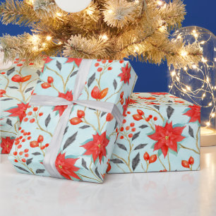 Christmas watercolor floral poinsetta party wrap wrapping paper