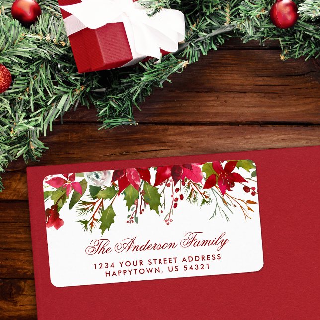 Christmas Watercolor Floral  Red Poinsettia Label (Customize to change text size, color or text style.)