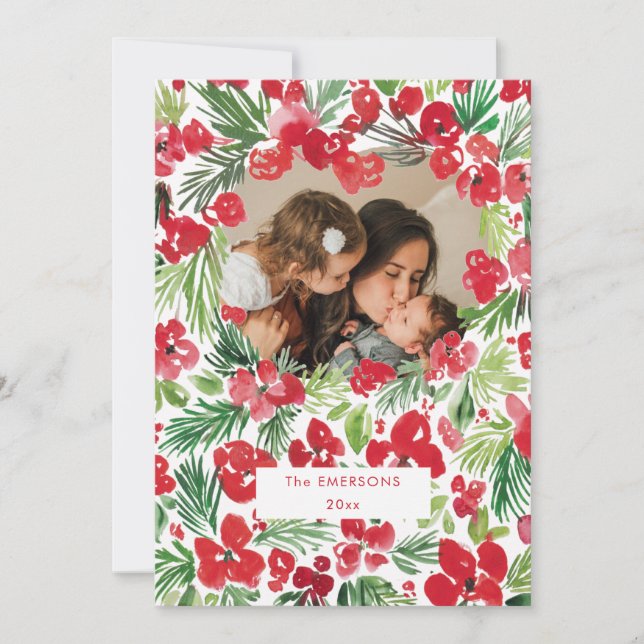 Christmas watercolor flower frame Photo Card (Front)