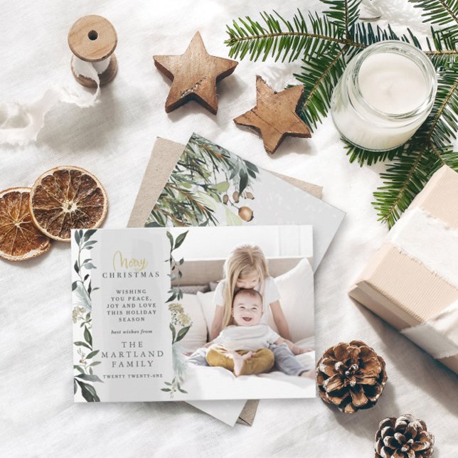 Christmas watercolor foliage photo modern holiday card (Creator Uploaded)