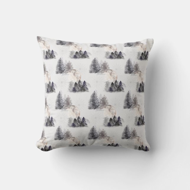 Christmas Watercolor Forest Night Pattern Cushion (Front)