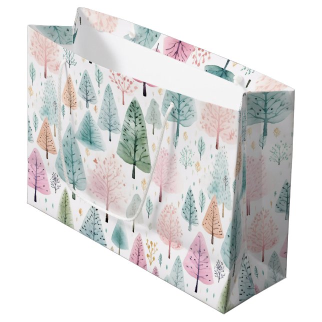 Christmas Watercolor Forest Pattern Large Gift Bag (Front Angled)