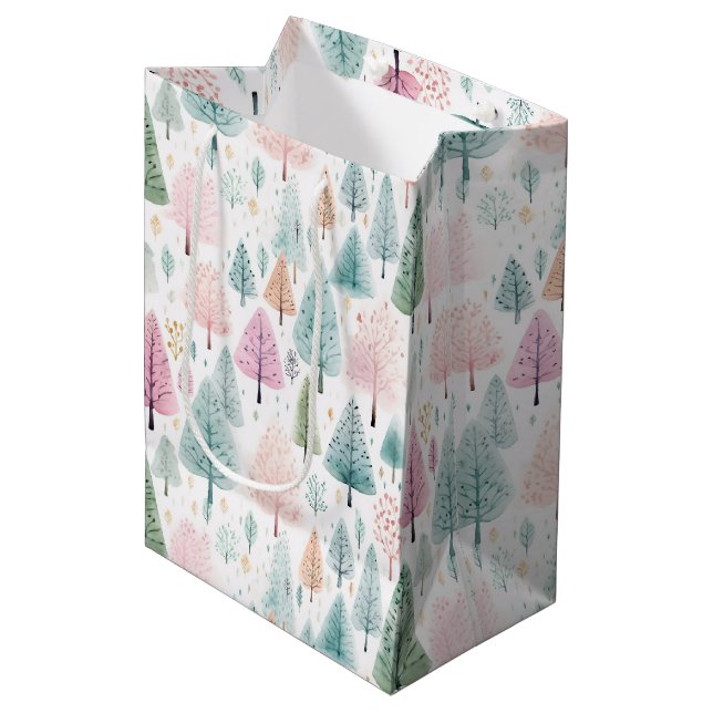 Christmas Watercolor Forest Pattern Medium Gift Bag (Front Angled)