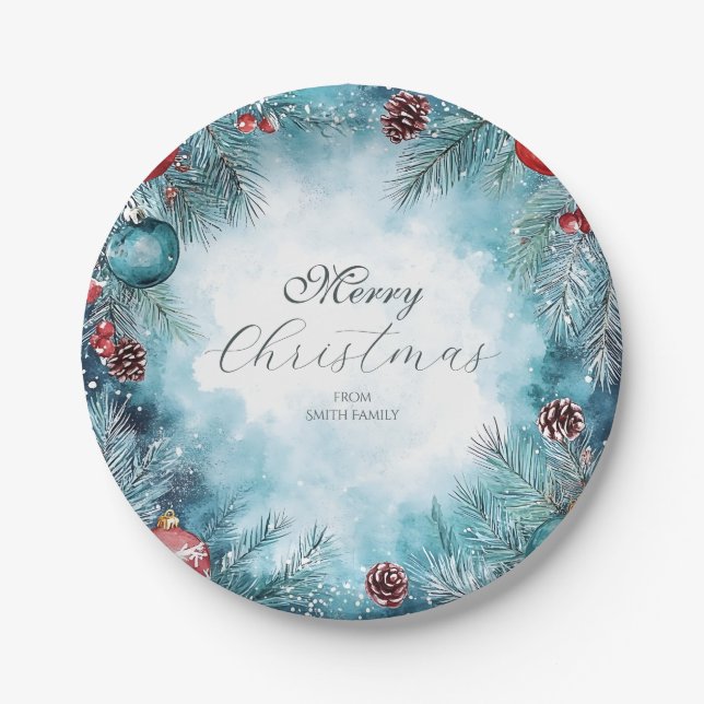 Christmas Watercolor Garland Paper Plates (Front)