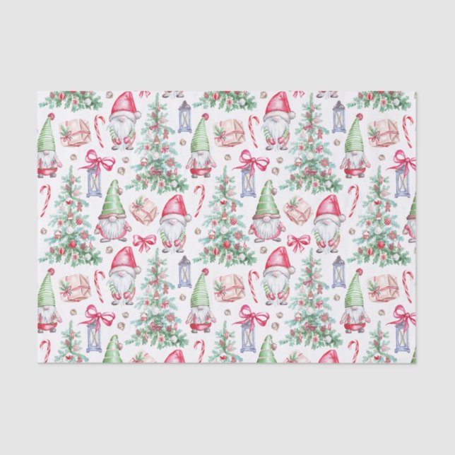 Christmas Watercolor Gnomes, Christmas Trees Tissue Paper (Front)