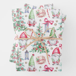 Christmas Watercolor Gnomes, Christmas Trees Wrapping Paper Sheet