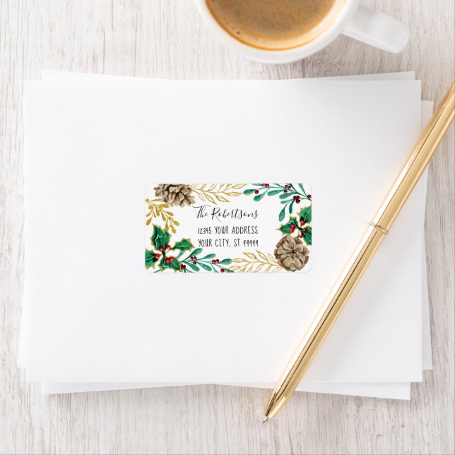 Christmas Watercolor Gold Pine Cone Greenery Label (Insitu)