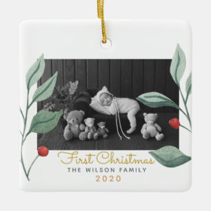 Christmas Watercolor Greenery & Berry Ceramic Ornament