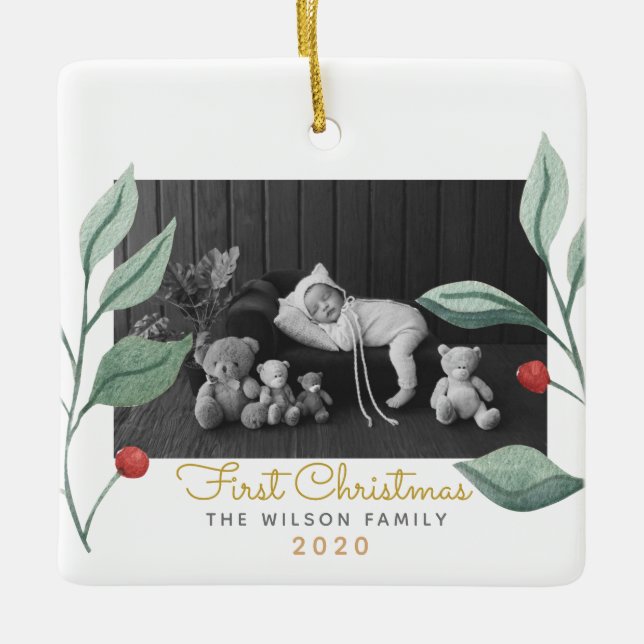 Christmas Watercolor Greenery & Berry Ceramic Ornament (Front)