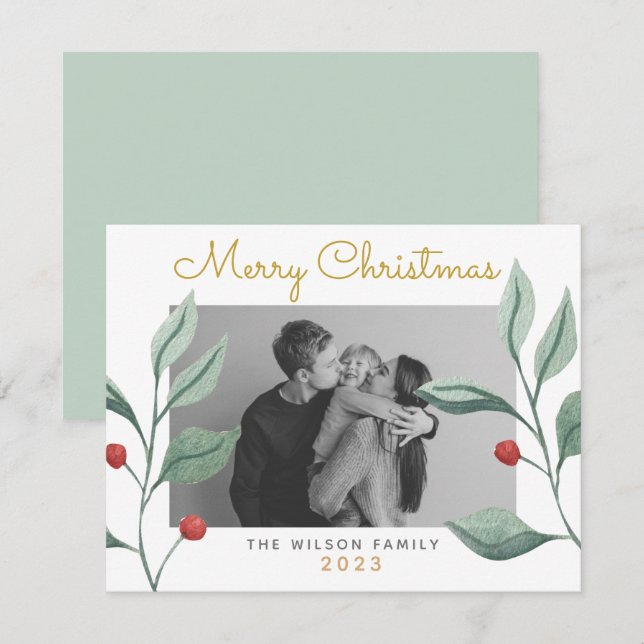 Christmas Watercolor Greenery & Berry Family Card (Front/Back)