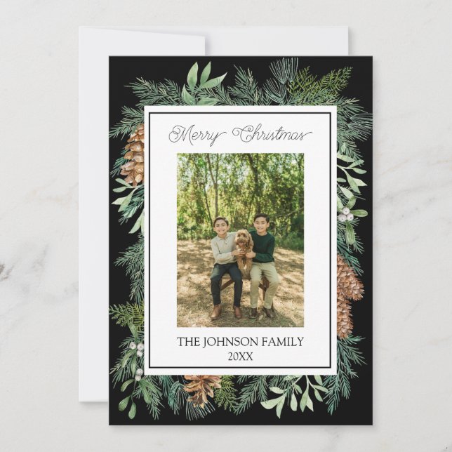 Christmas Watercolor Greenery Botanical Black Holiday Card (Front)