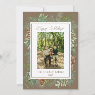 Christmas Watercolor Greenery Botanical Taupe Holiday Card