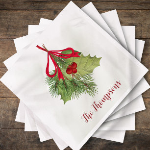Christmas Watercolor Greenery Holiday Holly Berry Napkin