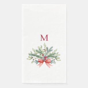 Christmas Watercolor Greenery Red Monogram Napkin