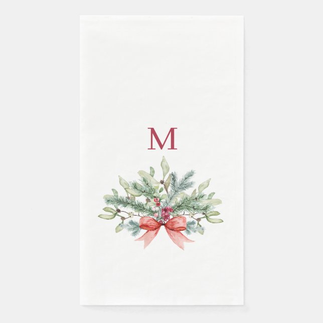 Christmas Watercolor Greenery Red Monogram  Napkin (Front)