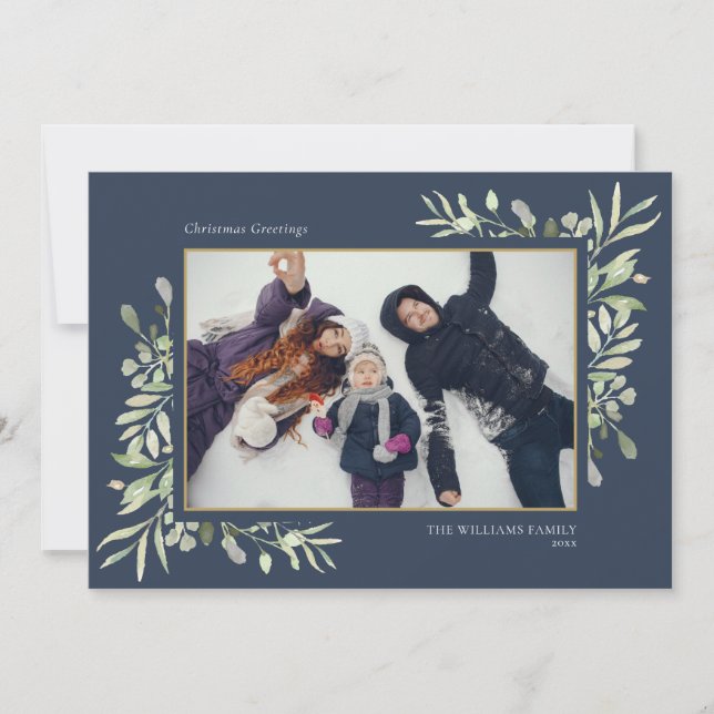 Christmas Watercolor Greenery Simple Modern Photo Holiday Card (Front)