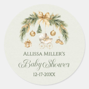 Christmas Watercolor Greenery Winter Baby Shower Classic Round Sticker