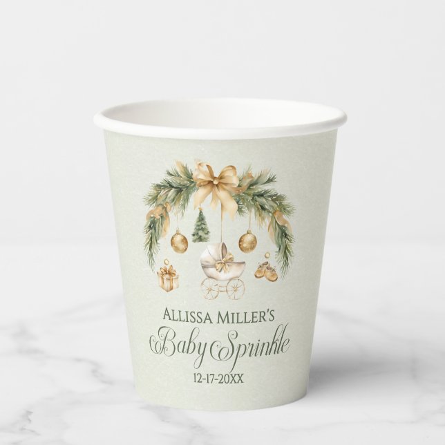 Christmas Watercolor Greenery Winter Baby Sprinkle Paper Cups (Front)