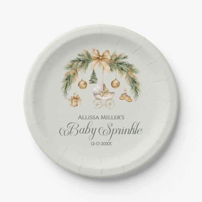 Christmas Watercolor Greenery Winter Baby Sprinkle Paper Plate (Front)