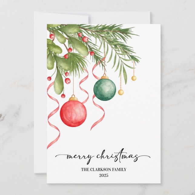 Christmas Watercolor Greenery Wreath Xmas Holiday Card (Front)
