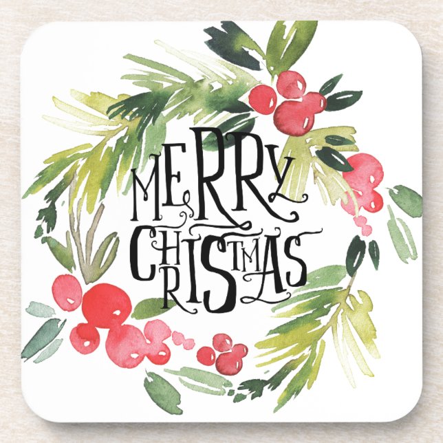 Christmas | Watercolor - Holiday Holly Wreath Coaster (Front)