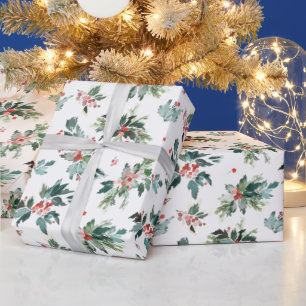 Christmas Watercolor Holly Berries Branch Holiday Wrapping Paper