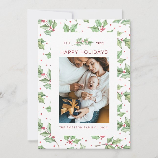 Christmas Watercolor Holly Berries Holiday Card (Front)