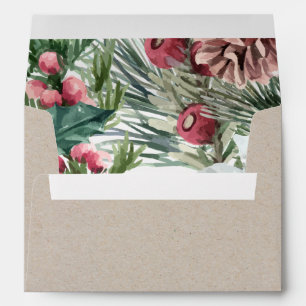 Christmas Watercolor Holly Berries Pine Cone Kraft Envelope